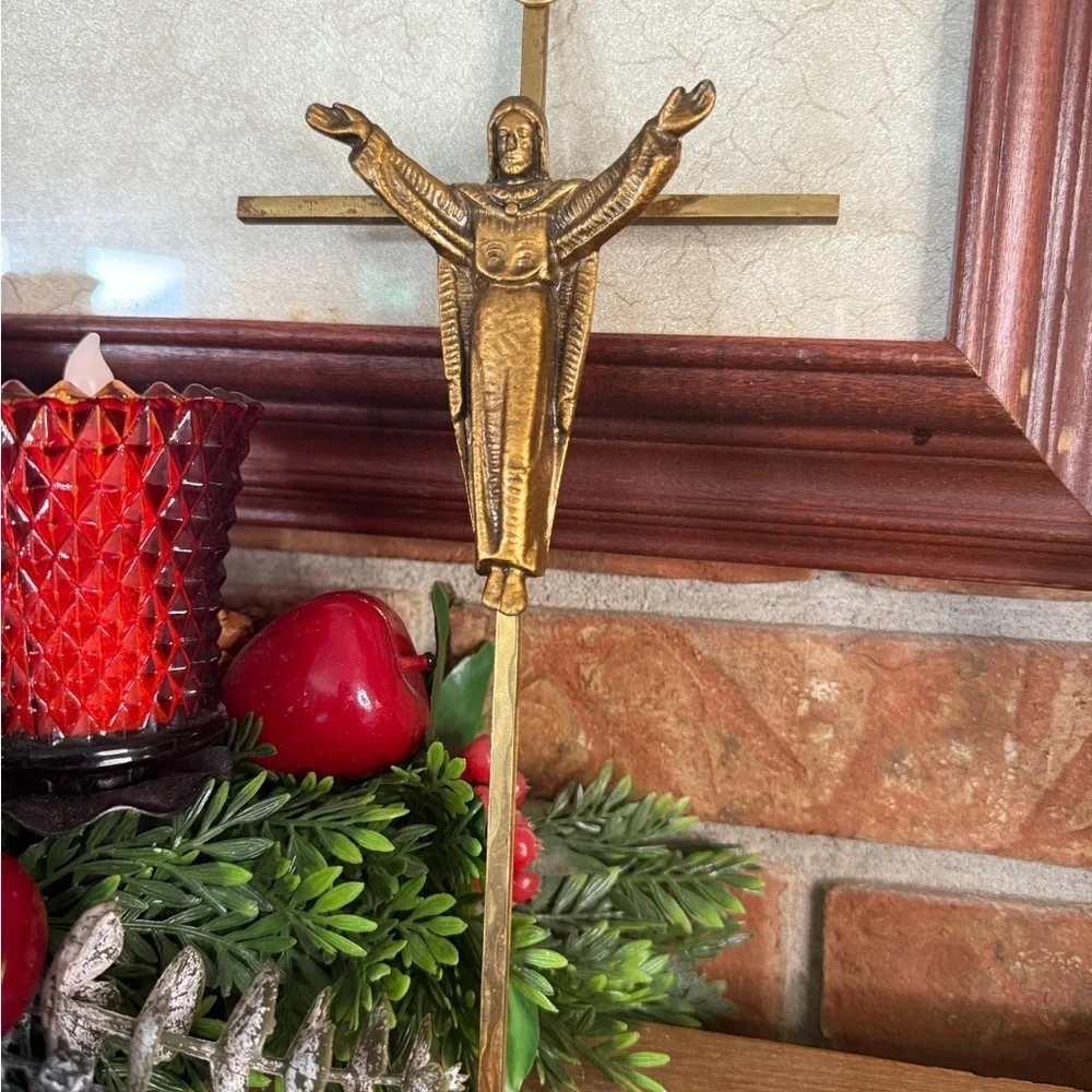 Vintage 1961 Heavy Gold Bronze Jesus Crucifix Religious Cross with Wall Holder